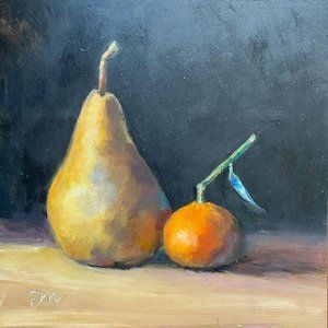 Pear and Tangerine on Wood Shelf